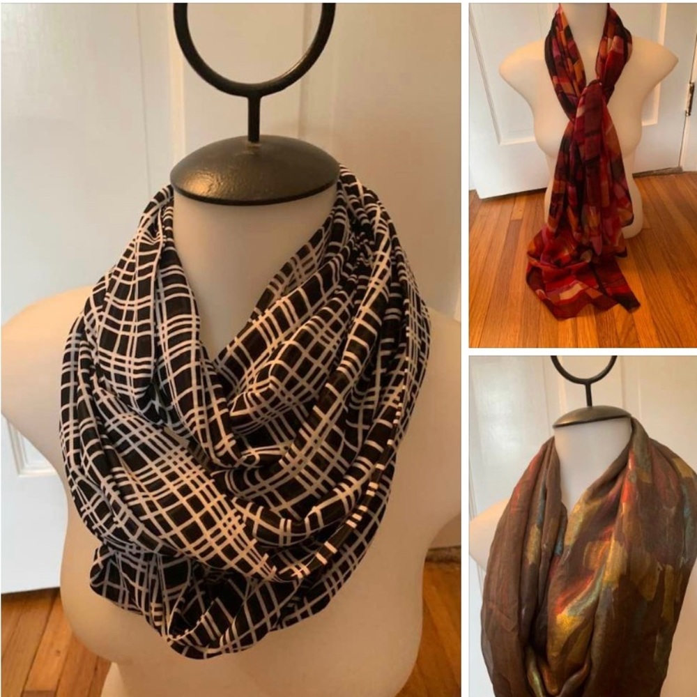 2 silk & 1 acrylic scarves (gifts, never worn)